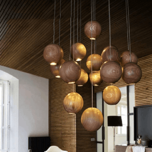 Wooden Orb Sphere Cluster Chandelier With LED Bulbs | Bright & Plus.