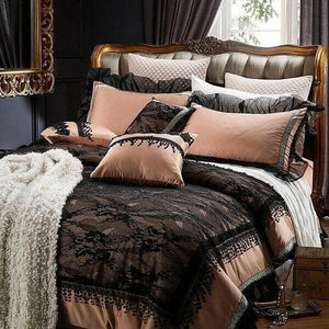 Ambrozeya Luxury Silk Cotton Black Lace Duvet Cover Set | Bright & Plus.