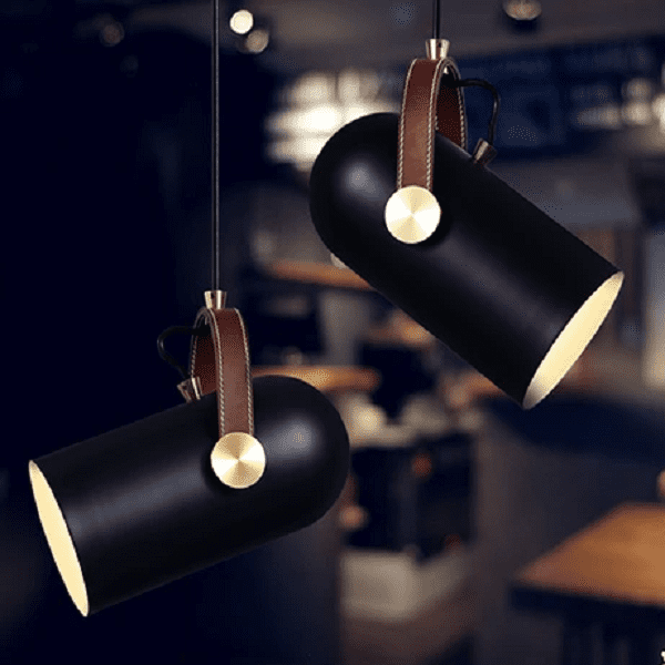 Black Spotlight Minimalist Leather Strap Pendant Light | Bright & Plus.