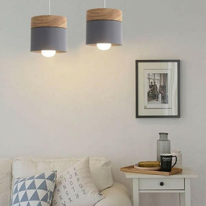 Nordic metal and wood cylindrical LED suspension lamp