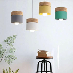 Nordic metal and wood cylindrical LED suspension lamp