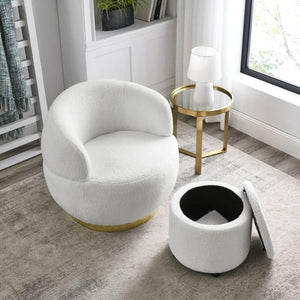 Teddy - Ivory Fabric Swivel Chair with Gold Base and Storage Ottoman